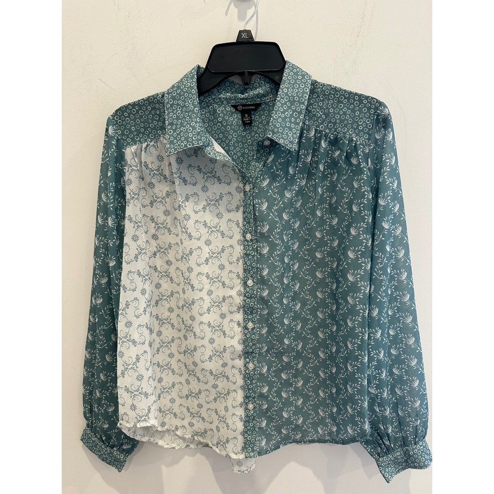 Versona Teal Blue Mixed Print Floral Button Down Lightweight Small Long Sleeve